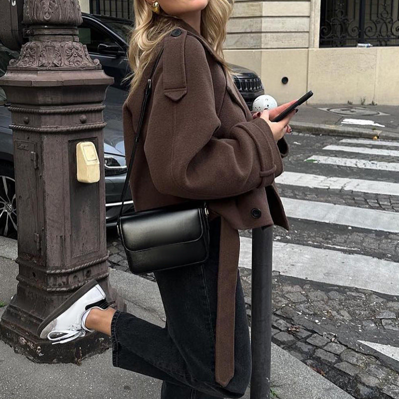 2025 Autumn and Winter European and American Cross-Border Women's Woolen Outwears, Comfortable and Comfortable Suit Collar Lace-Up Long-Sleeved Jackets for Women