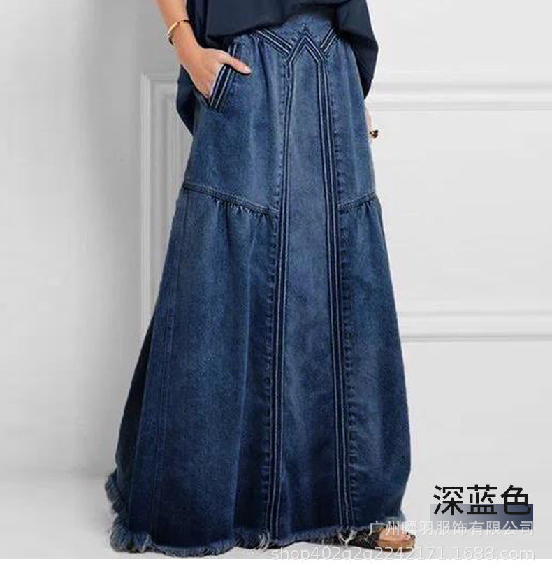 European and American Cross-Border Women's Autumn and Winter Denim A-Line Skirt Bundled with Brushed Elastic High Waist Simple Versatile Long Skirt