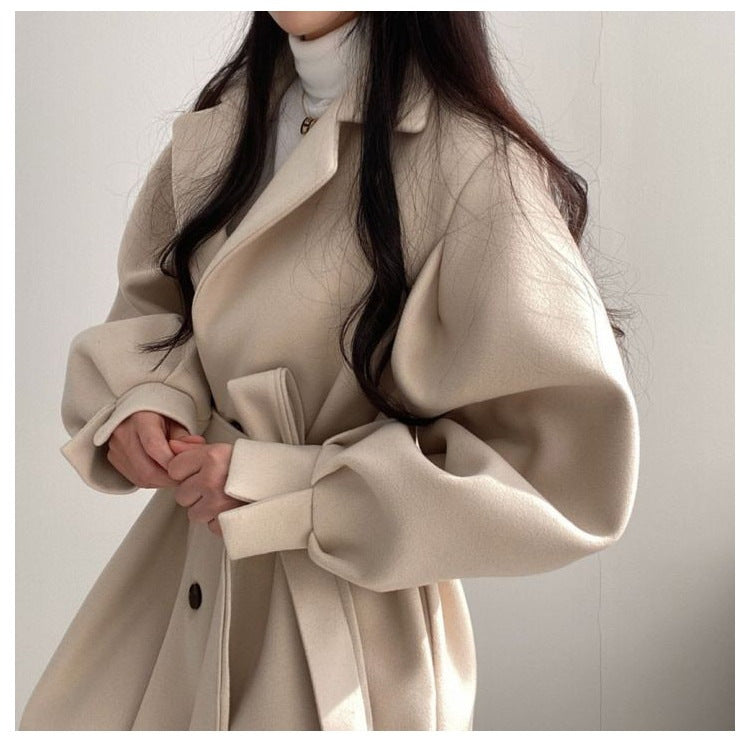 New Korean Style Autumn and Winter Wear Strap Elegant Small Women's Dress Collar Hepburn Style Mid-length Woolen Women's Coat Jacket