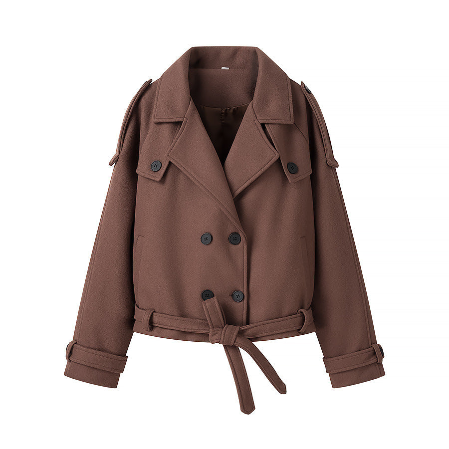 2025 Autumn and Winter European and American Cross-Border Women's Woolen Outwears, Comfortable and Comfortable Suit Collar Lace-Up Long-Sleeved Jackets for Women