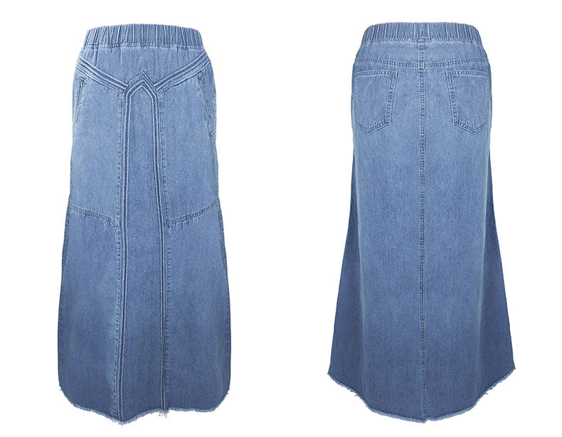 European and American Cross-Border Women's Autumn and Winter Denim A-Line Skirt Bundled with Brushed Elastic High Waist Simple Versatile Long Skirt