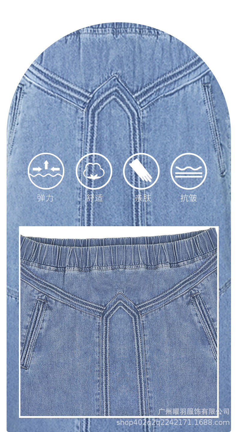 European and American Cross-Border Women's Autumn and Winter Denim A-Line Skirt Bundled with Brushed Elastic High Waist Simple Versatile Long Skirt