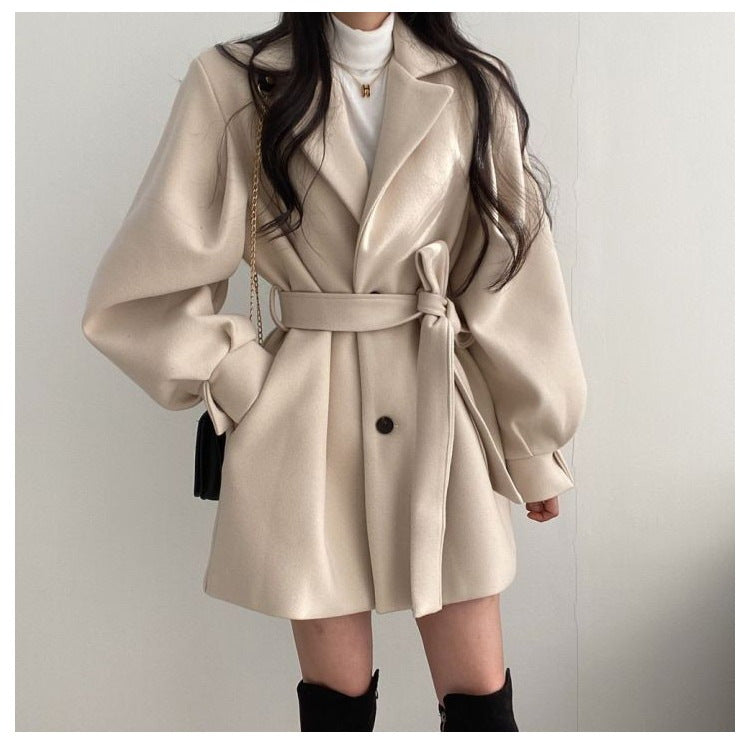 New Korean Style Autumn and Winter Wear Strap Elegant Small Women's Dress Collar Hepburn Style Mid-length Woolen Women's Coat Jacket