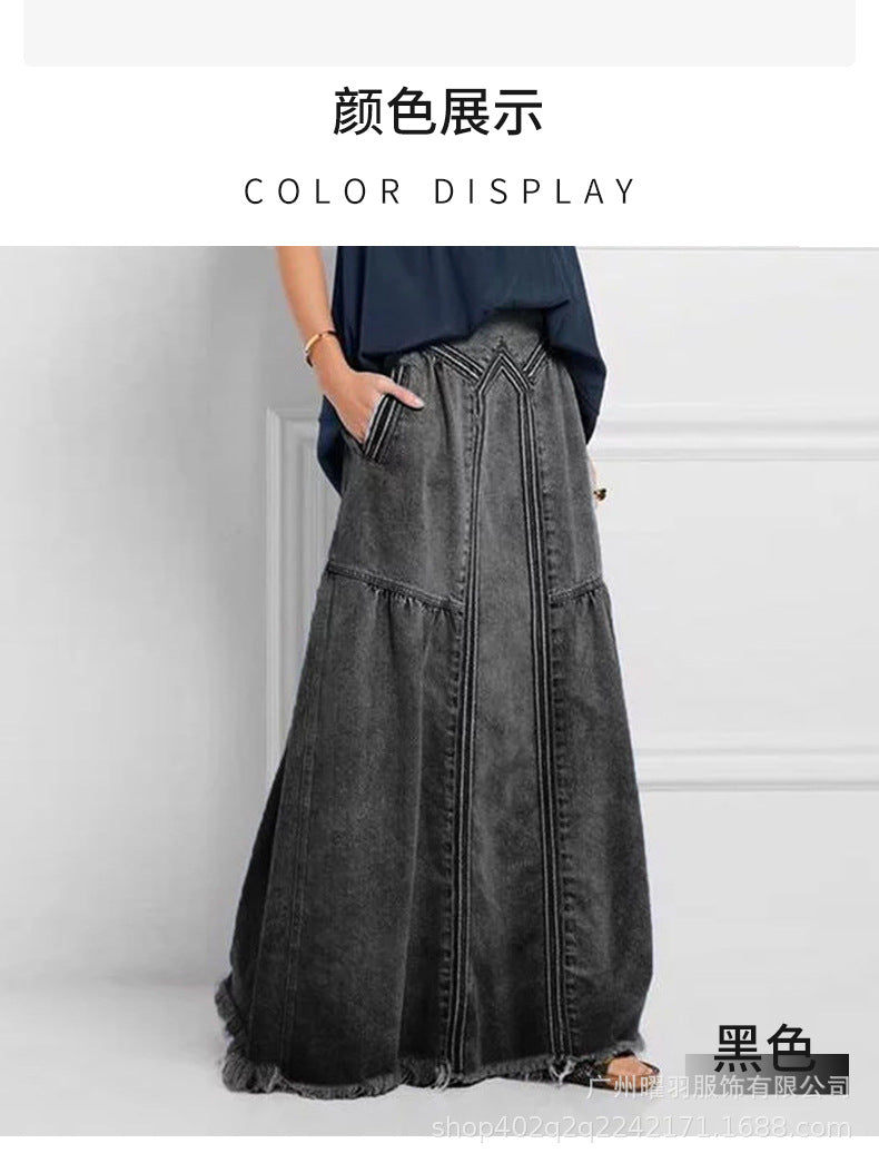 European and American Cross-Border Women's Autumn and Winter Denim A-Line Skirt Bundled with Brushed Elastic High Waist Simple Versatile Long Skirt