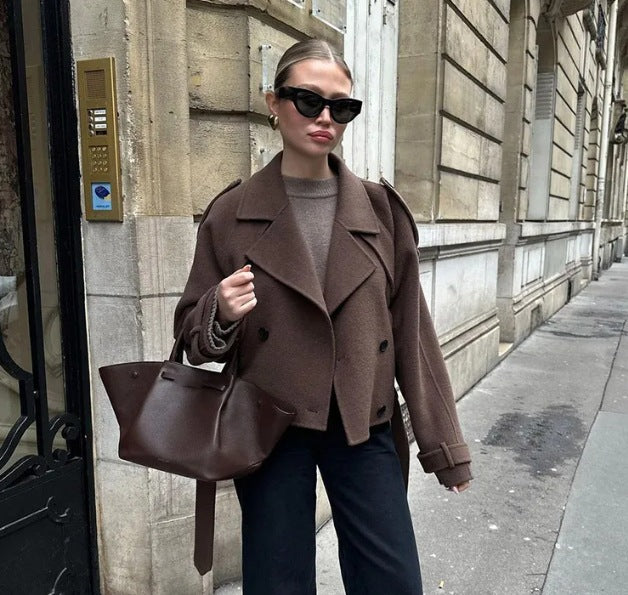 2025 Autumn and Winter European and American Cross-Border Women's Woolen Outwears, Comfortable and Comfortable Suit Collar Lace-Up Long-Sleeved Jackets for Women