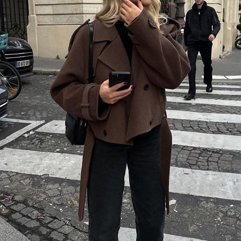 2025 Autumn and Winter European and American Cross-Border Women's Woolen Outwears, Comfortable and Comfortable Suit Collar Lace-Up Long-Sleeved Jackets for Women