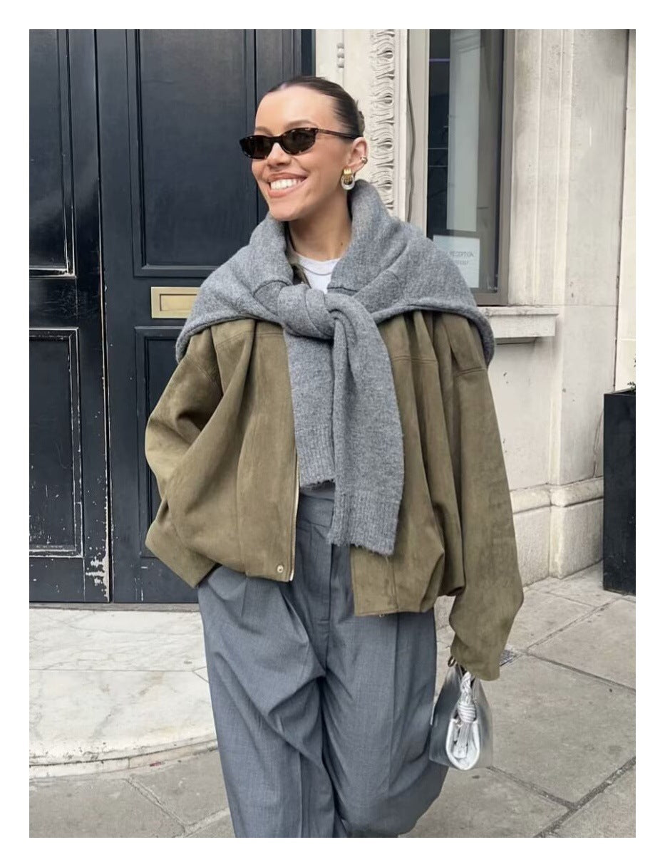 European and American Cross-Border Women's Clothing 2025 Early Spring New Fashion Suede Casual Style Versatile Casual Simple Aviator Jacket
