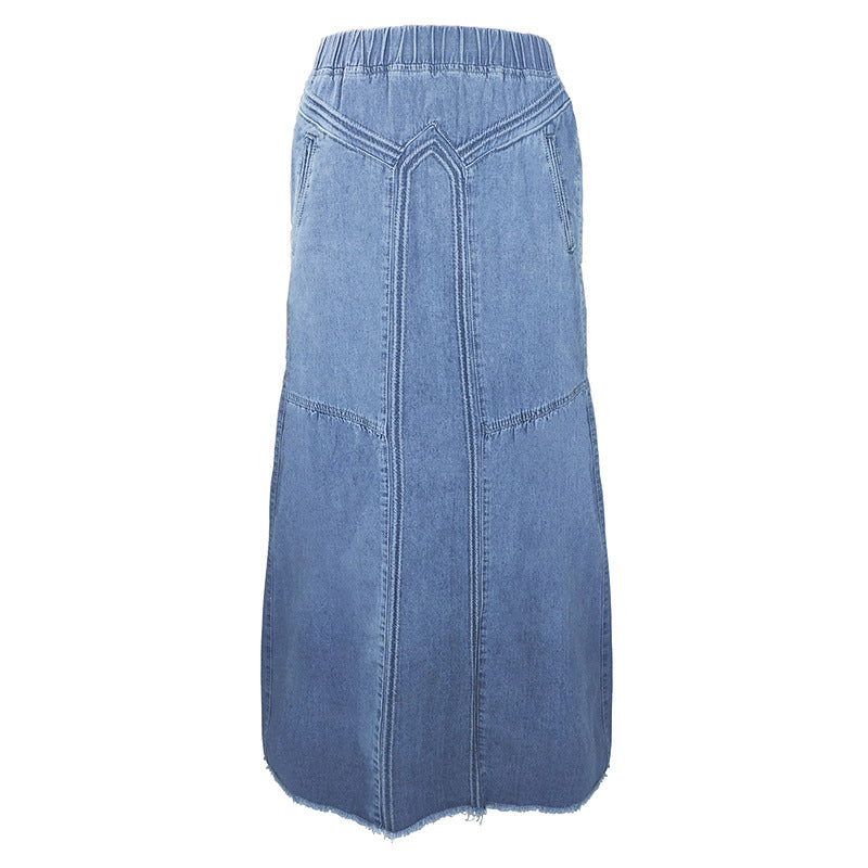 European and American Cross-Border Women's Autumn and Winter Denim A-Line Skirt Bundled with Brushed Elastic High Waist Simple Versatile Long Skirt