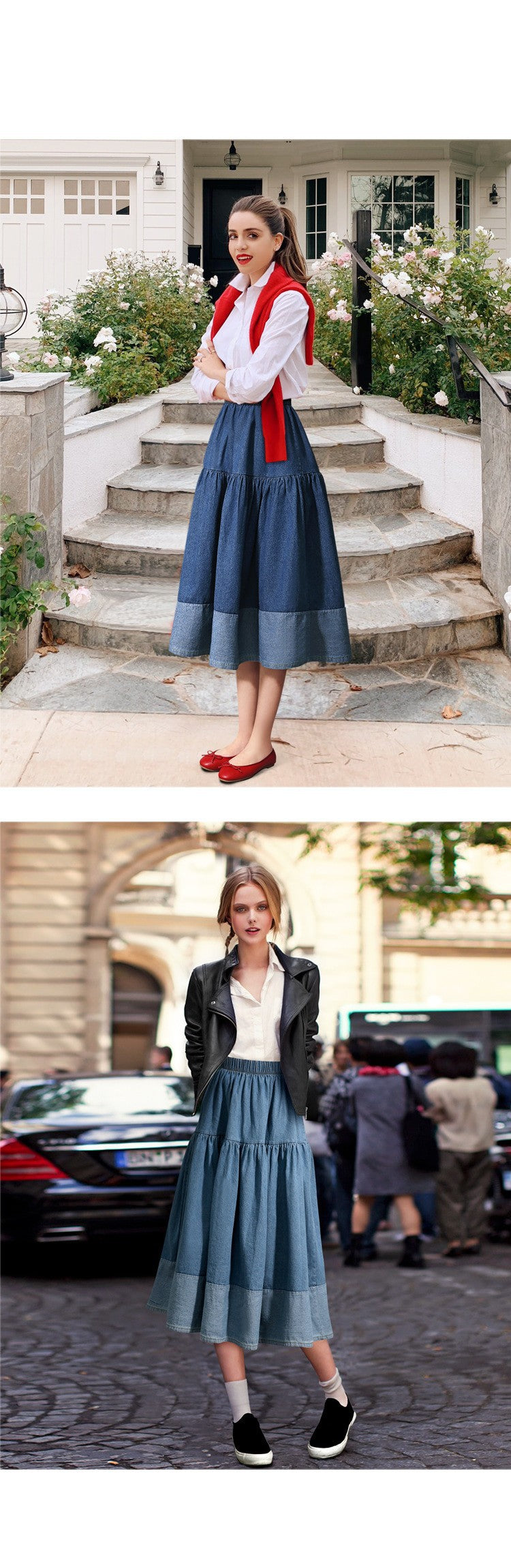 European and American Plus-Size Spring Clothing 2026 Plus-Size Elastic Waist Casual Versatile Skirt with Spliced Denim Hem Cross-Border Women's Fashion