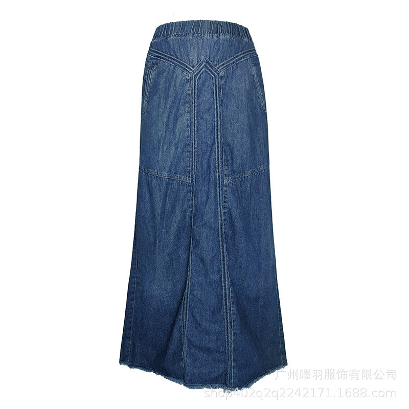 European and American Cross-Border Women's Autumn and Winter Denim A-Line Skirt Bundled with Brushed Elastic High Waist Simple Versatile Long Skirt