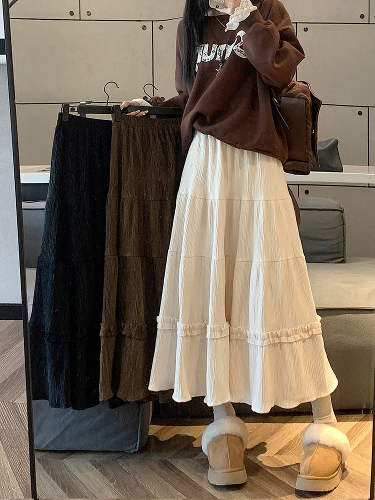 Korean Style Pleated Skirt Women's Autumn and Winter 2024 New Corduroy Lace High Waist Slimming A- line Mid-length Umbrella Skirt Ins