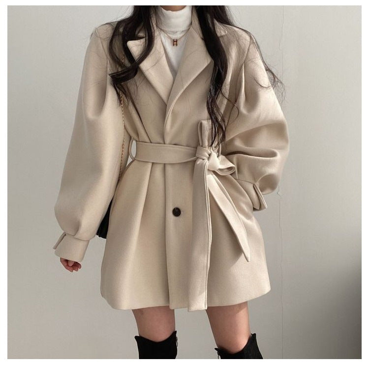 New Korean Style Autumn and Winter Wear Strap Elegant Small Women's Dress Collar Hepburn Style Mid-length Woolen Women's Coat Jacket