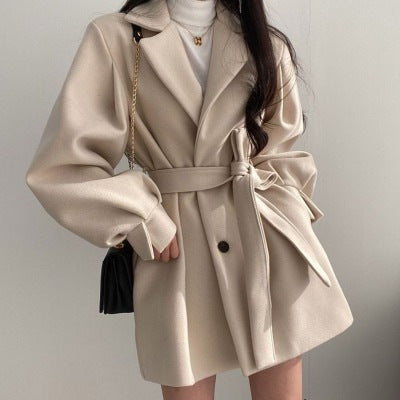 New Korean Style Autumn and Winter Wear Strap Elegant Small Women's Dress Collar Hepburn Style Mid-length Woolen Women's Coat Jacket