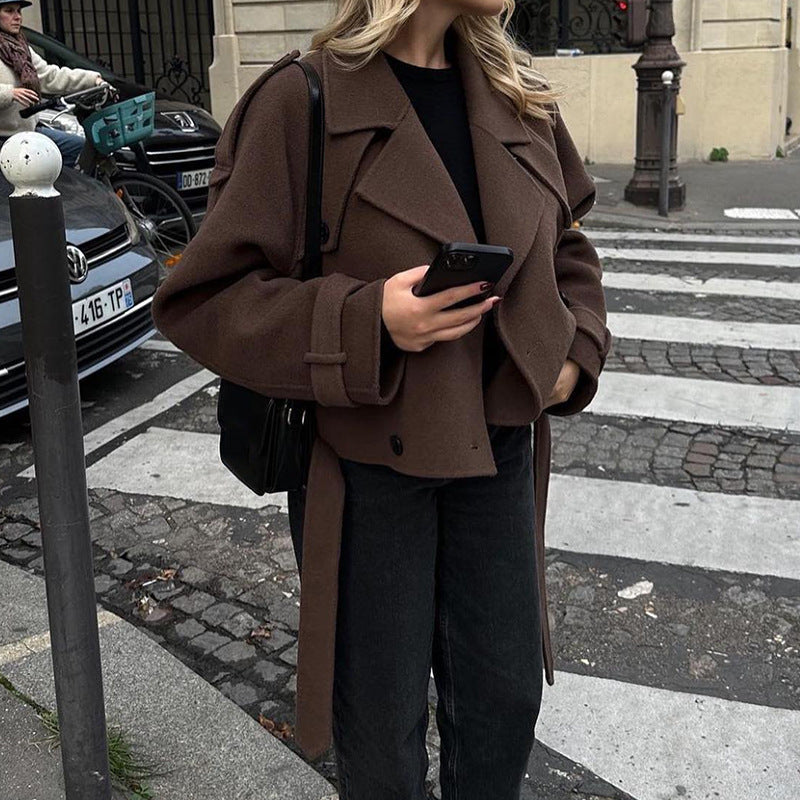 2025 Autumn and Winter European and American Cross-Border Women's Woolen Outwears, Comfortable and Comfortable Suit Collar Lace-Up Long-Sleeved Jackets for Women