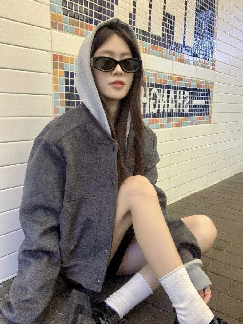 Vintage Hooded Stitching Short Jacket Coat Women's Autumn Suit Sense Loose Casual Baseball Suit Top Trendy Ins