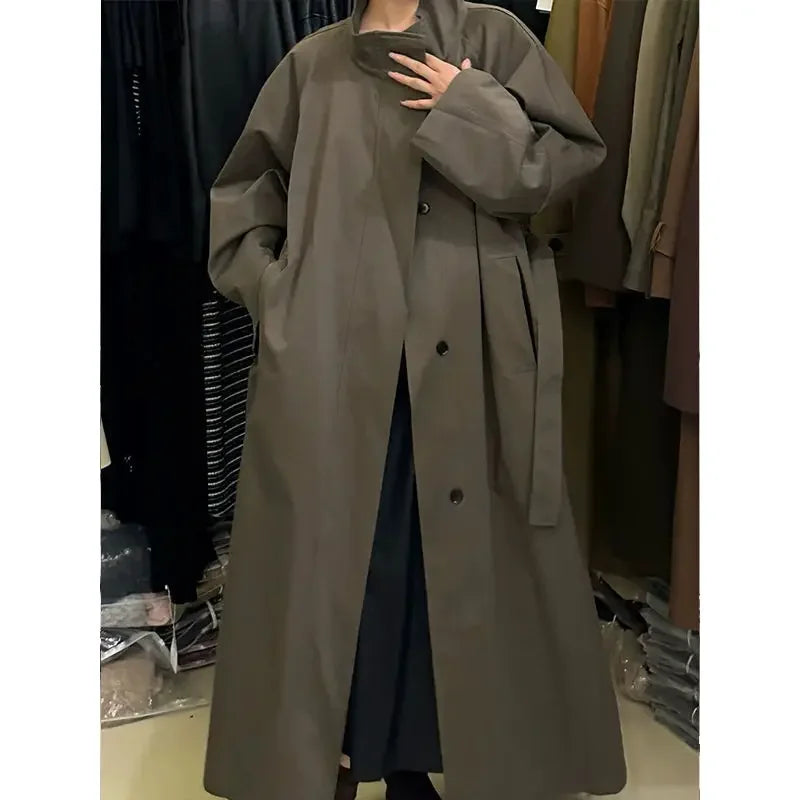 2026 Autumn High-End Stylish Minimalist Chic Lazy Style Solid Color Long Stand Collar Trench Coat for Women