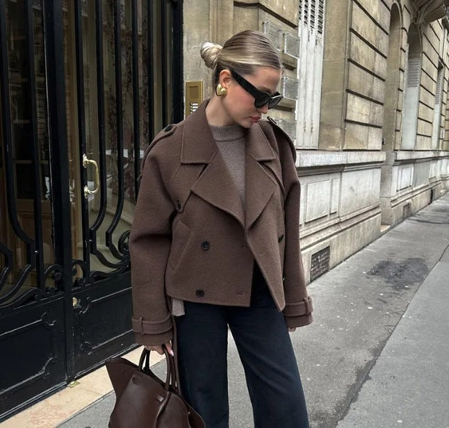 2025 Autumn and Winter European and American Cross-Border Women's Woolen Outwears, Comfortable and Comfortable Suit Collar Lace-Up Long-Sleeved Jackets for Women