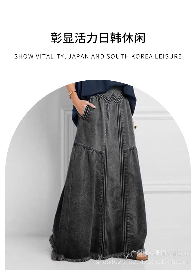 European and American Cross-Border Women's Autumn and Winter Denim A-Line Skirt Bundled with Brushed Elastic High Waist Simple Versatile Long Skirt