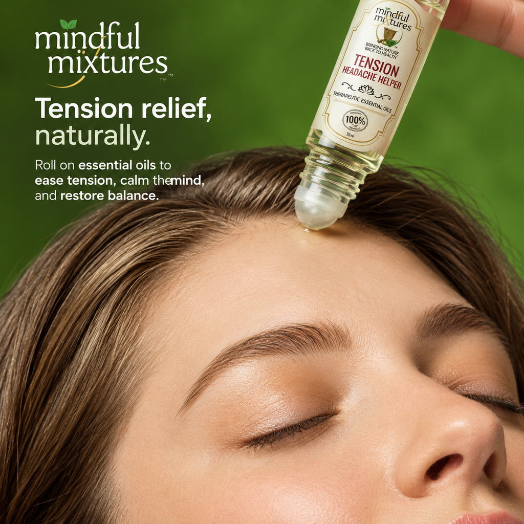 A close-up of a woman's face with a roll-on bottle being applied to her forehead, with text reading 'Tension relief, naturally.' and the brand 'mindful mixtures' visible on the bottle and in the upper left.