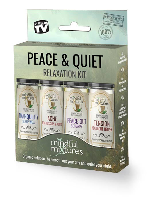Peace & Quiet Relaxation Kit packaging with four bottles on a white background