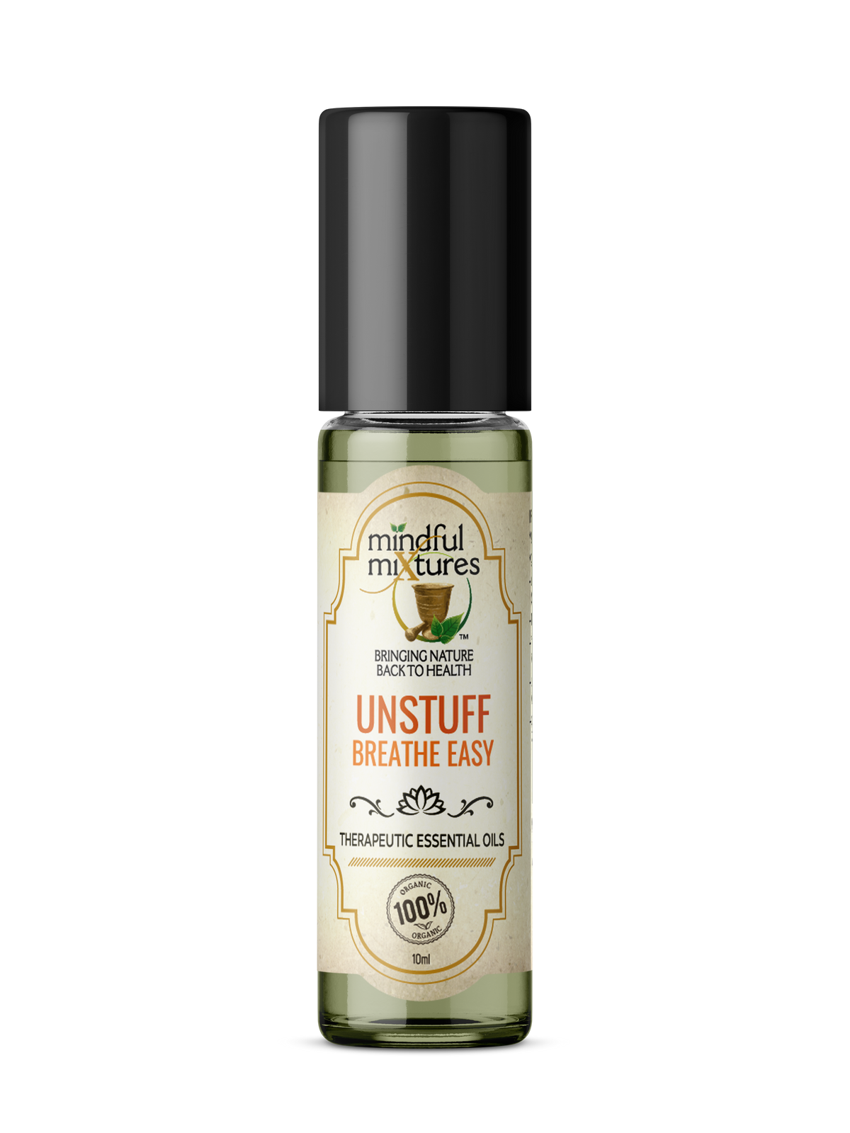 Bottle of 'Unstuff Breathe Easy' essential oils by Mindful Mixtures on a white background