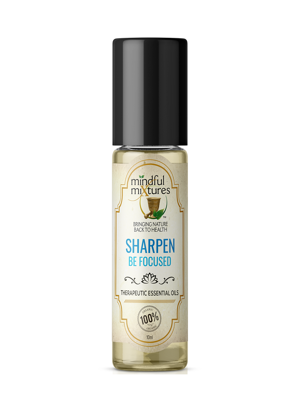 Bottle of 'Sharpen Be Focused' essential oil by Mindful Mixtures on a white background