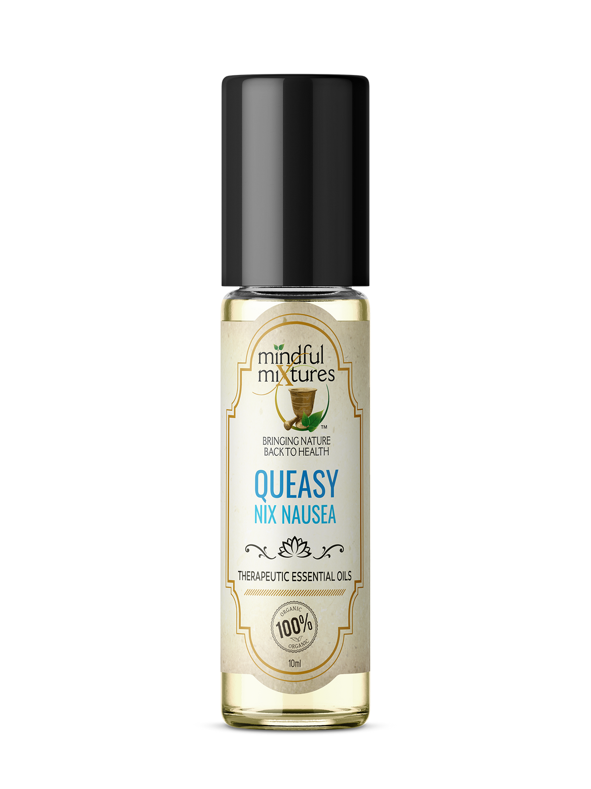 Bottle of Mindful Mixtures Queasy Nix Nausea essential oil on a white background