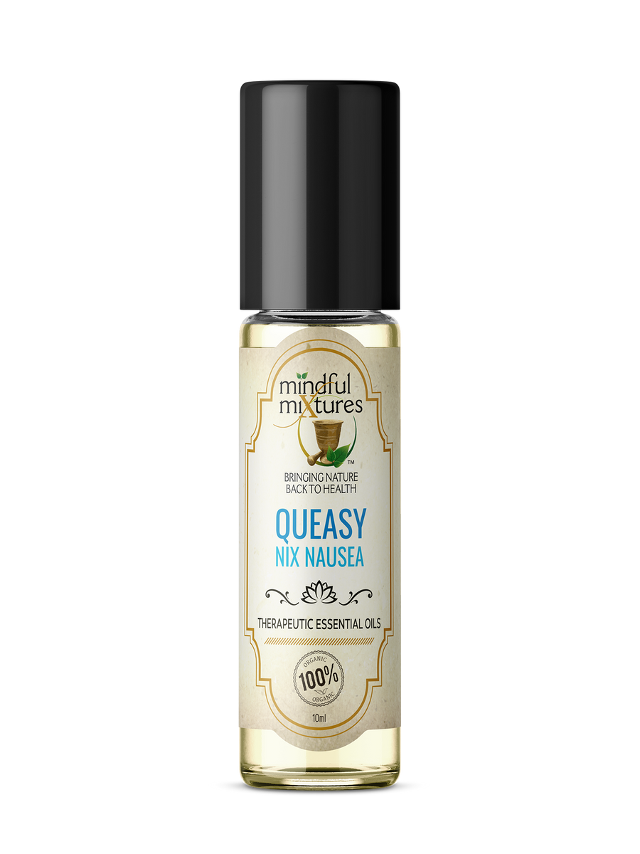 Bottle of Mindful Mixtures Queasy Nix Nausea essential oil on a white background