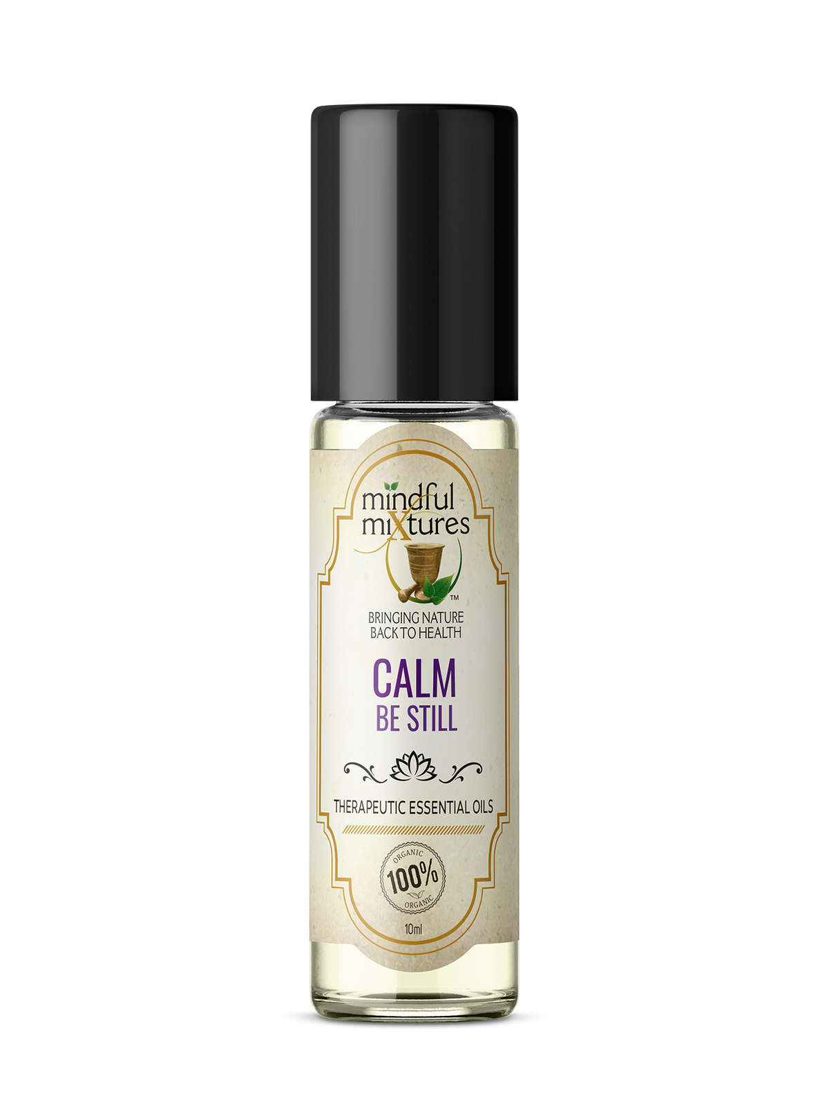 Bottle of 'Calm Be Still' essential oil with a white background