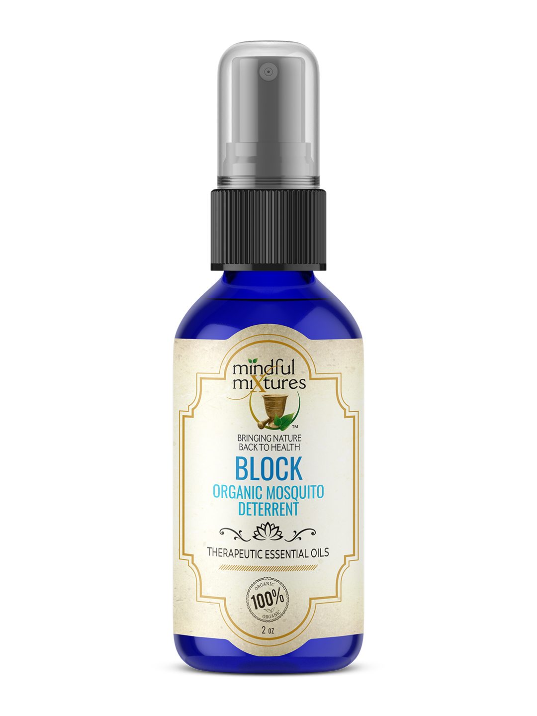 Bottle of Mindful Mixtures Block Organic Mosquito Deterrent on a white background