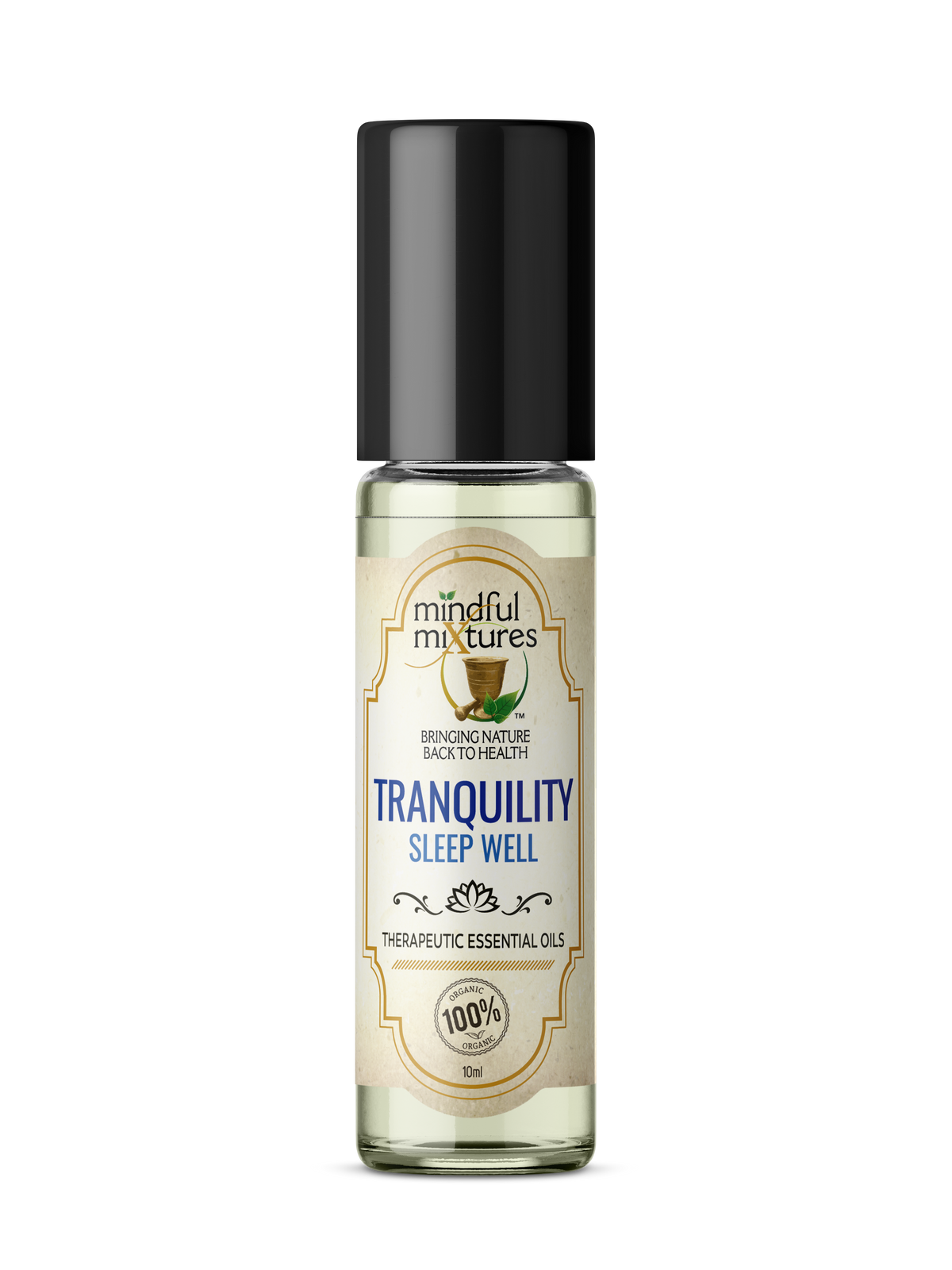Bottle of 'Tranquility Sleep Well' essential oil by Mindful Mixtures on a white background