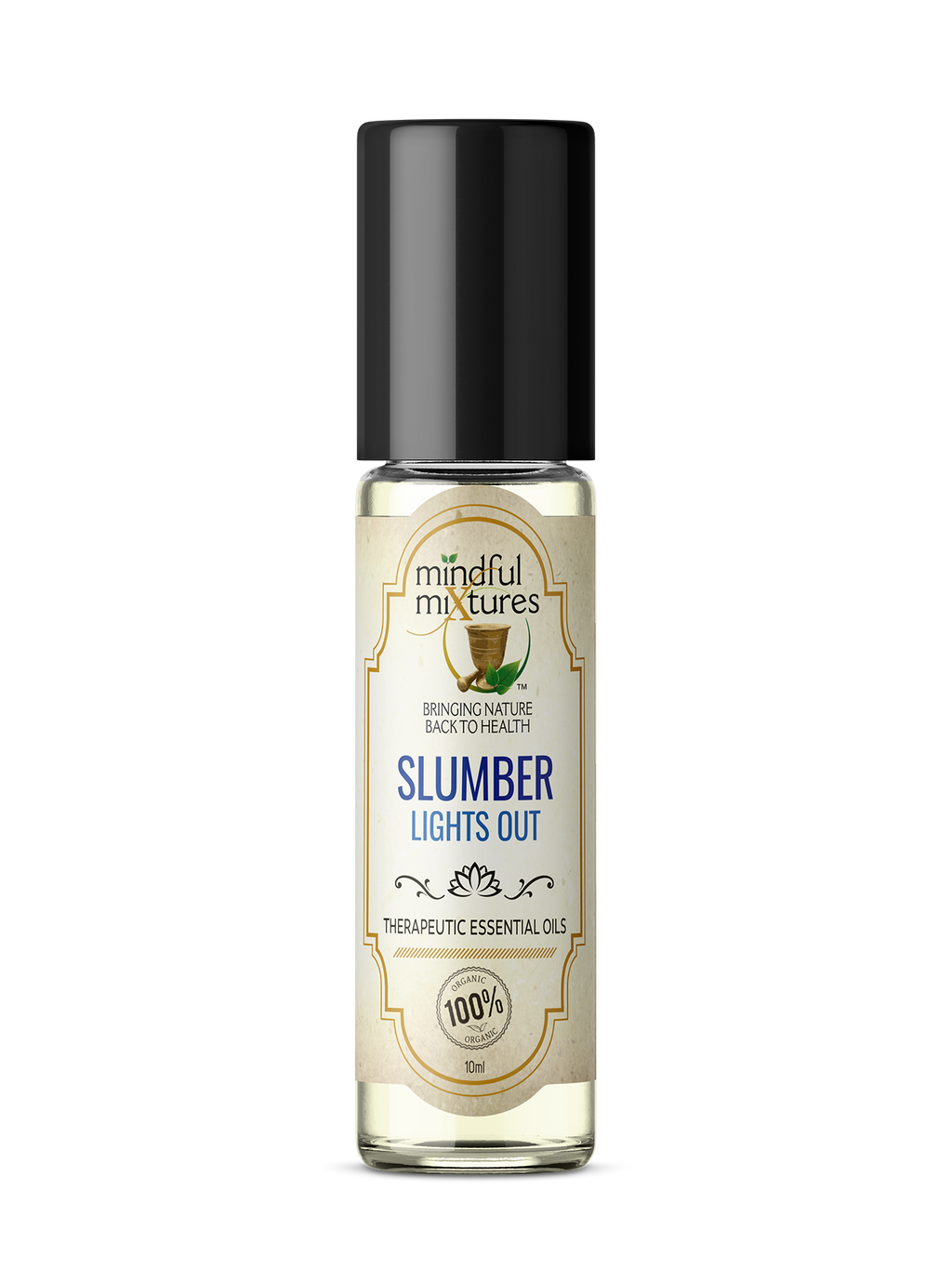 Bottle of 'Slumber Lights Out' essential oil by Mindful Mixtures on a white background