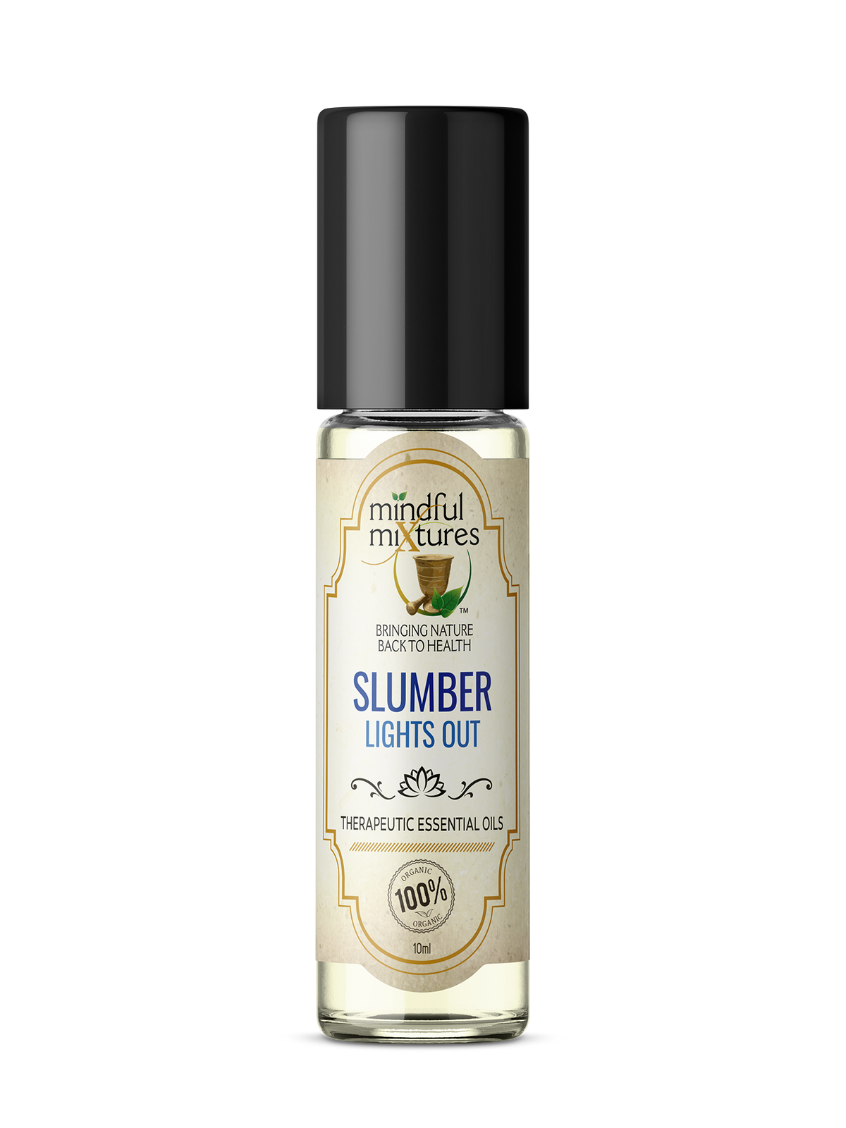 Bottle of 'Slumber Lights Out' essential oil by Mindful Mixtures on a white background