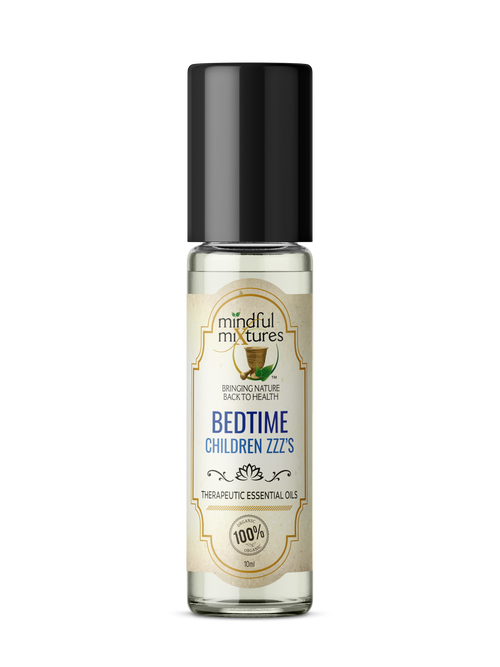 A 50ml glass bottle of 'Bedtime Children Z.Z's' essential oil by the brand 'Mindful Mixtures'.