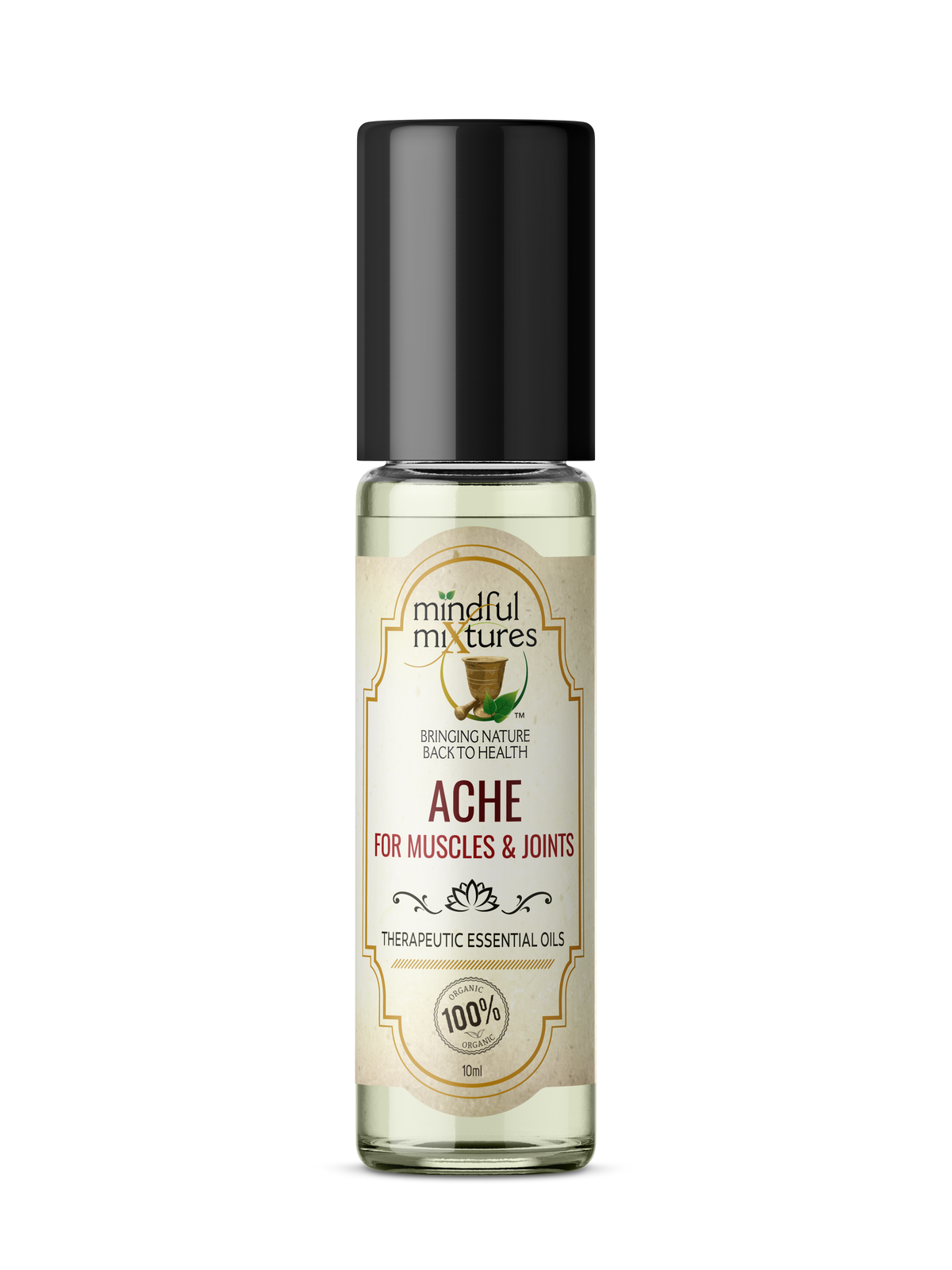 A 10ml glass roller bottle of 'mindful mixtures' Ache Therapeutic Essential Oil, featuring a black cap and a cream-colored label with gold accents, set against a plain white background.