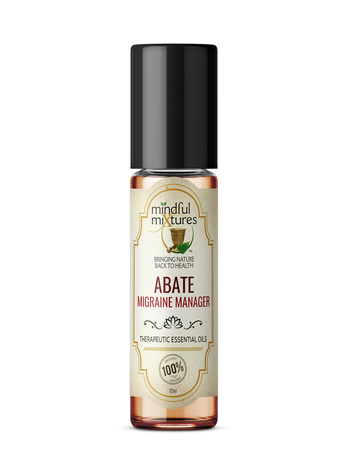 Bottle of Abate Migraine Manager essential oil with a white background