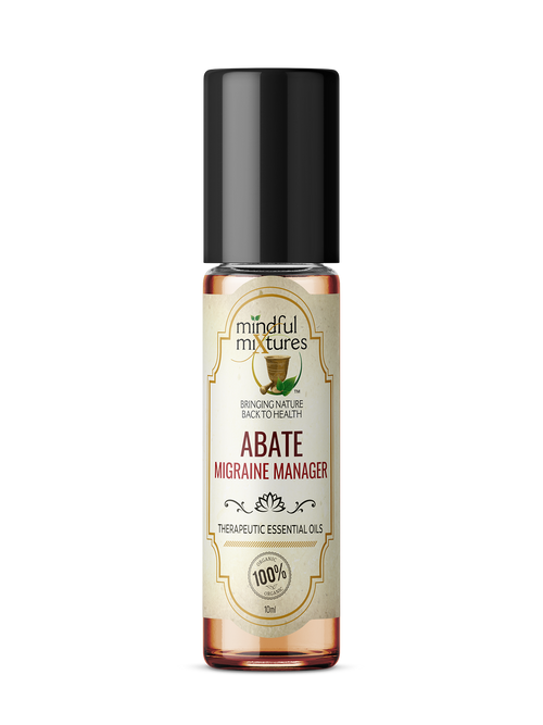 Bottle of Abate Migraine Manager essential oil with a white background
